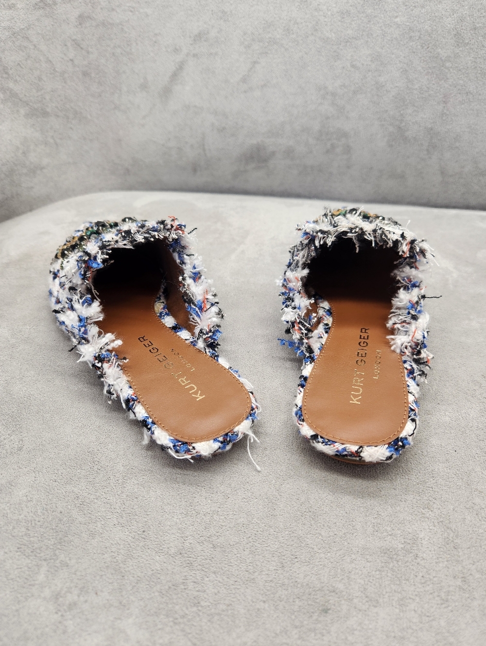 Kurt Geiger Mules 5 Blue White Tweed Plaid Olive Eye Fray Beaded Pointy New $195 - Picture 14 of 17